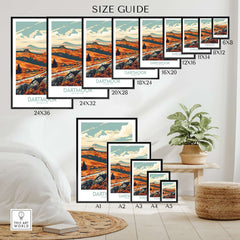 Dartmoor Poster National Park size guide showcasing various frame sizes and Dartmoor scenery.