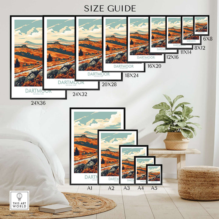 Size guide for Dartmoor National Park poster, showcasing various dimensions and a stylish home setup.