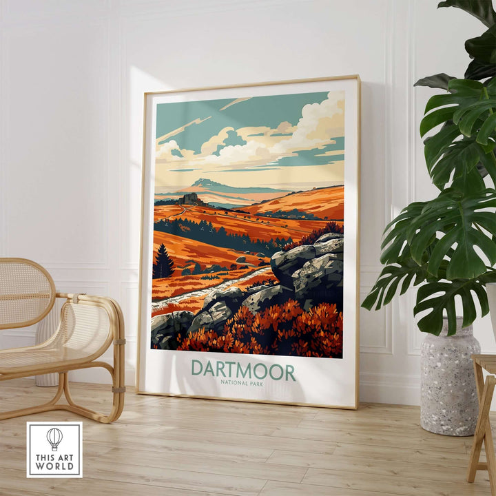 Dartmoor National Park poster showcasing stunning landscapes in a stylish home setting. Perfect for nature and art lovers.