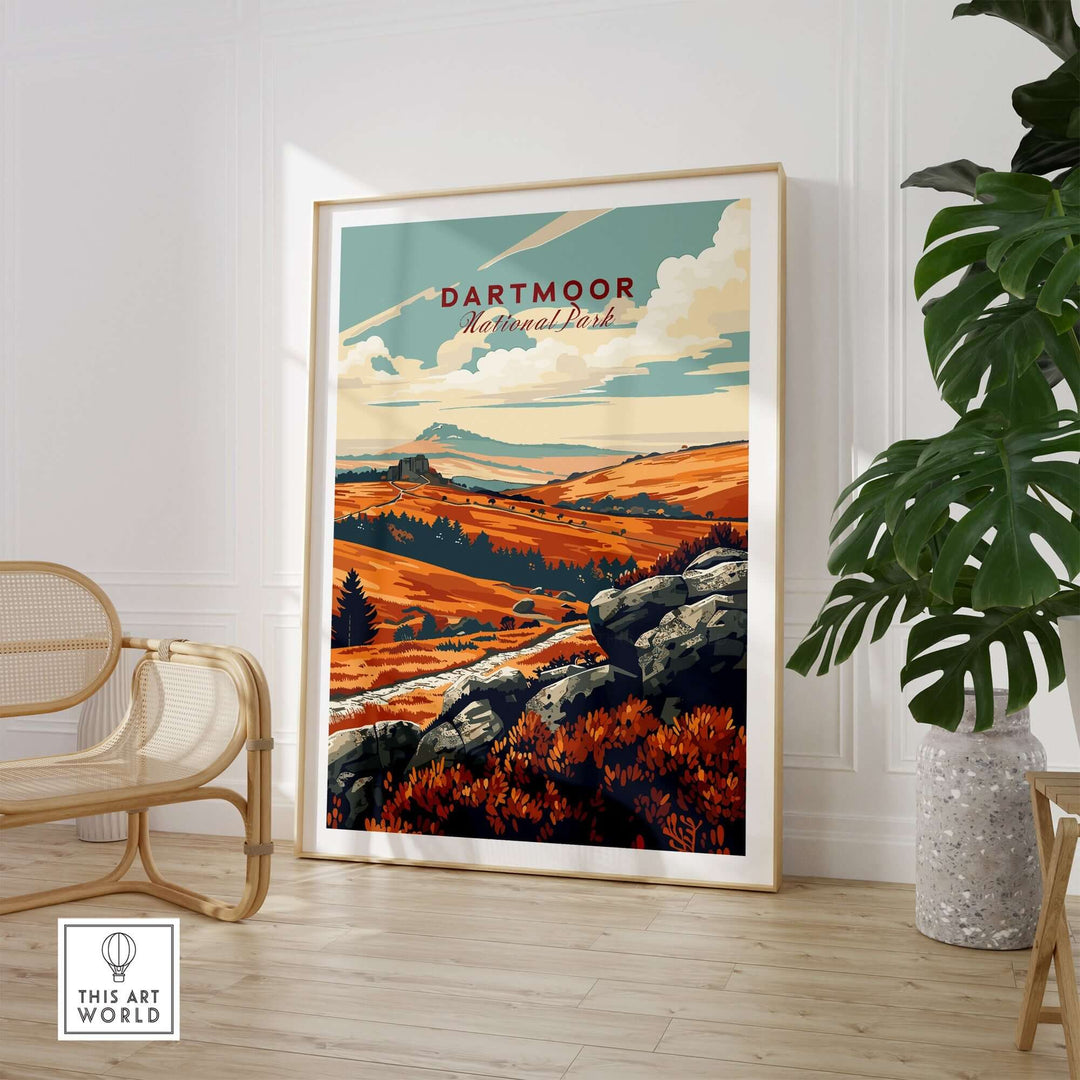 Dartmoor National Park poster displayed in a modern interior, showcasing vibrant landscapes and artistic design.