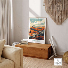 Dartmoor Poster National Park displayed in a cozy living room setting on a wooden chest.