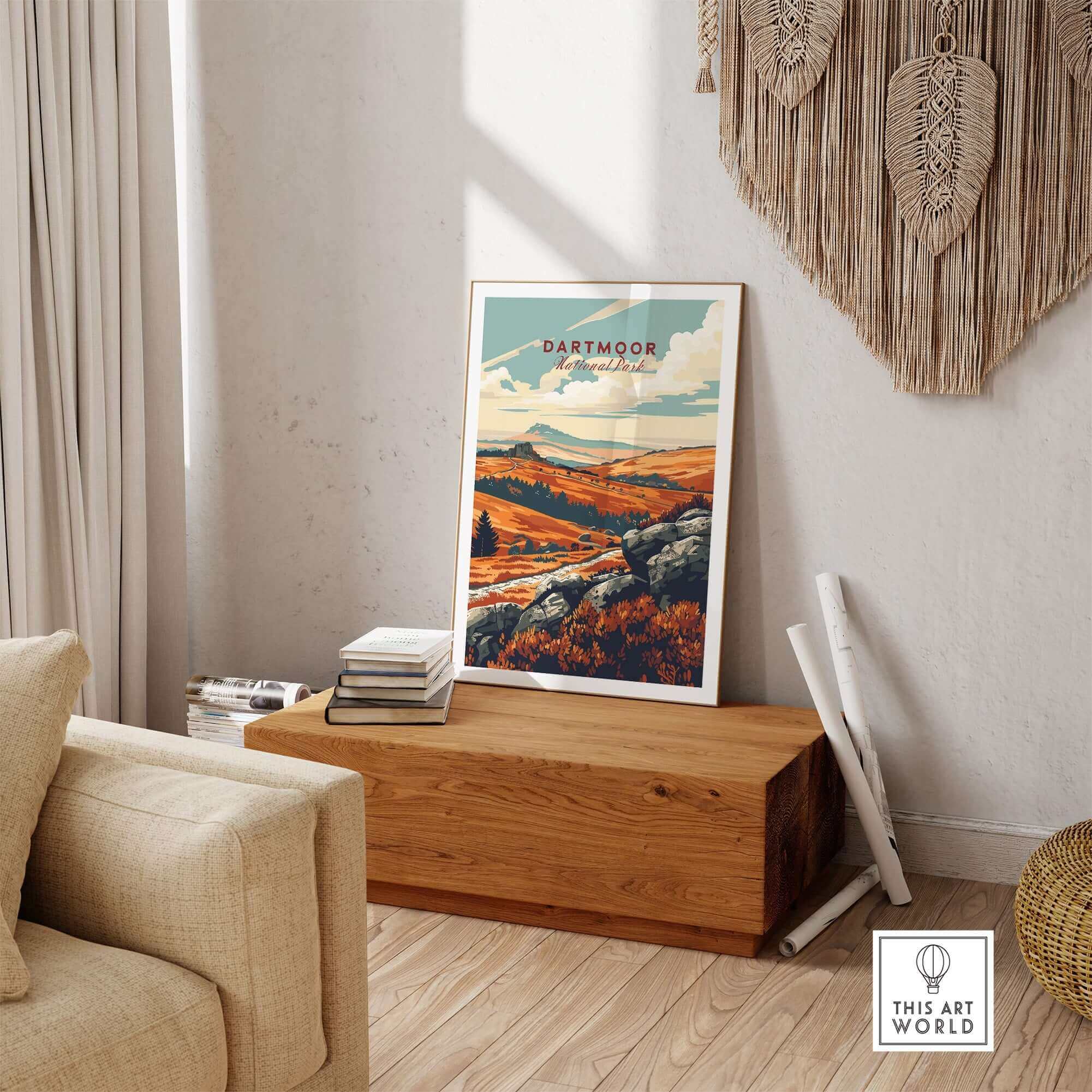 Dartmoor Art Print displayed in a cozy living room setting with natural decor elements.