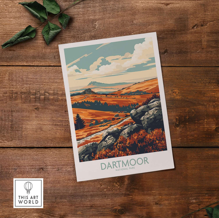 Dartmoor National Park poster showcasing vibrant landscapes and rocky terrain, perfect for home or office decor.