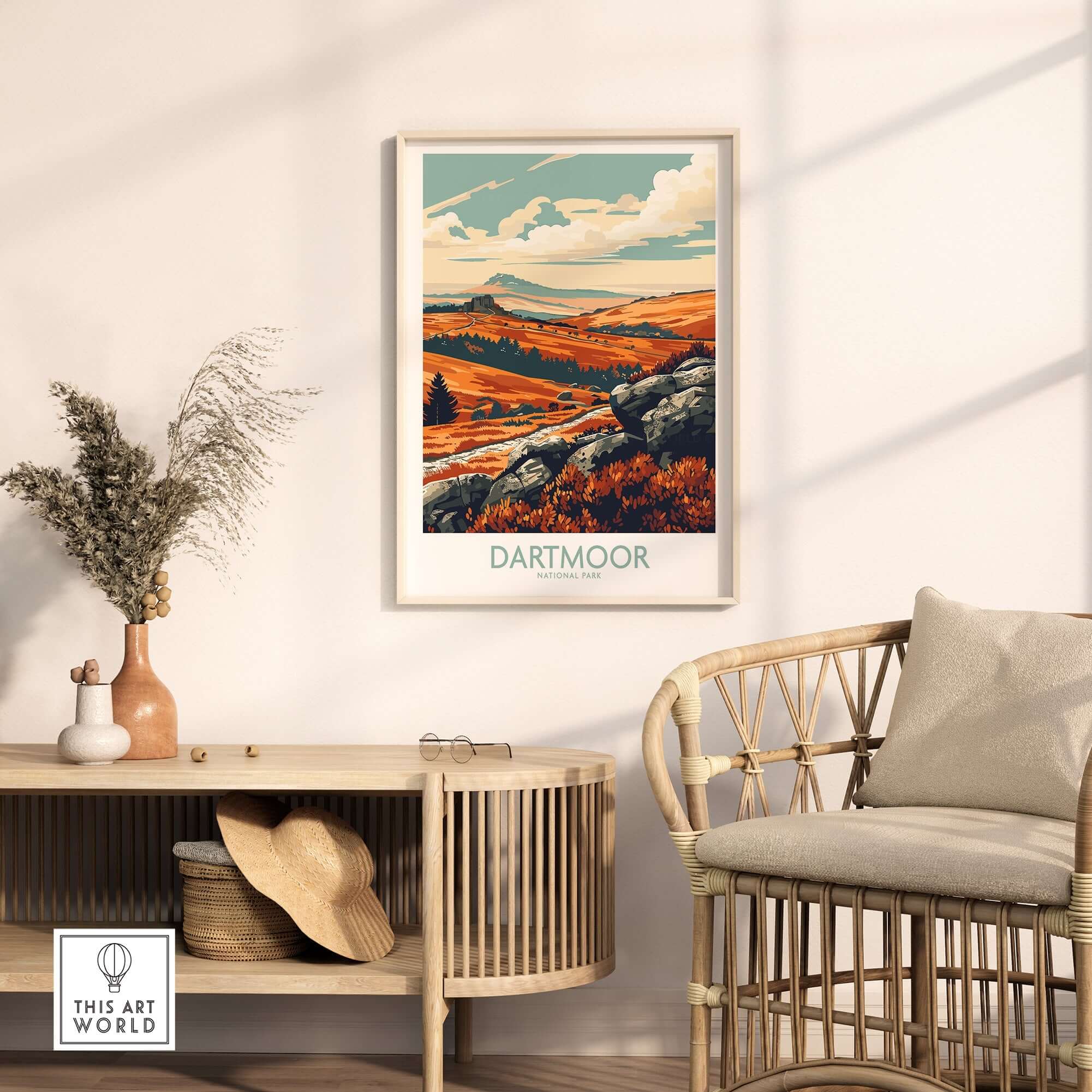 Dartmoor Poster National Park displayed in a stylish living room setting, showcasing scenic landscapes.