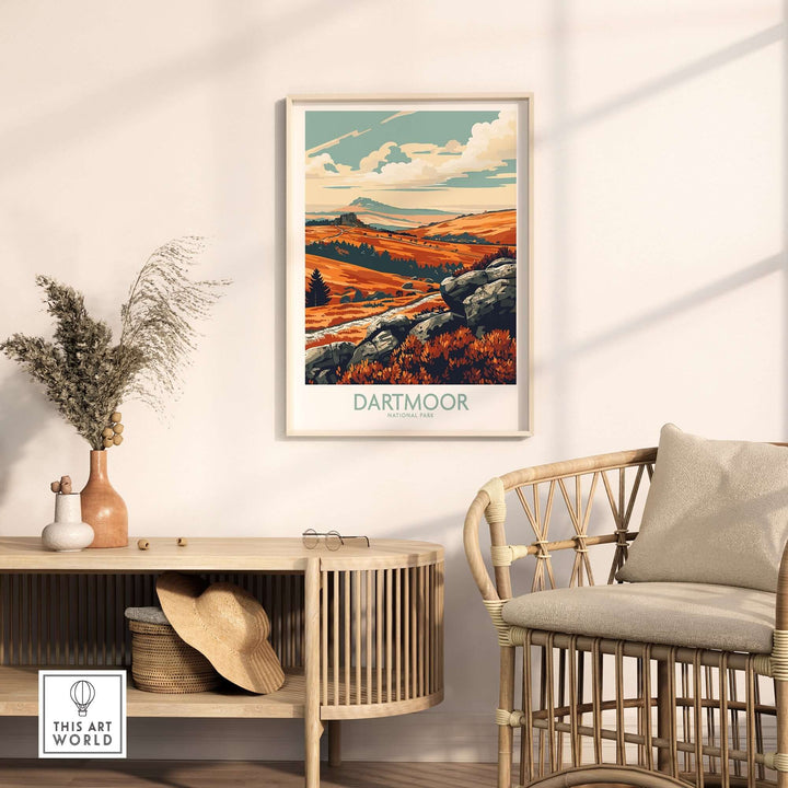 Dartmoor National Park poster displayed in a stylish living room setting with natural elements.