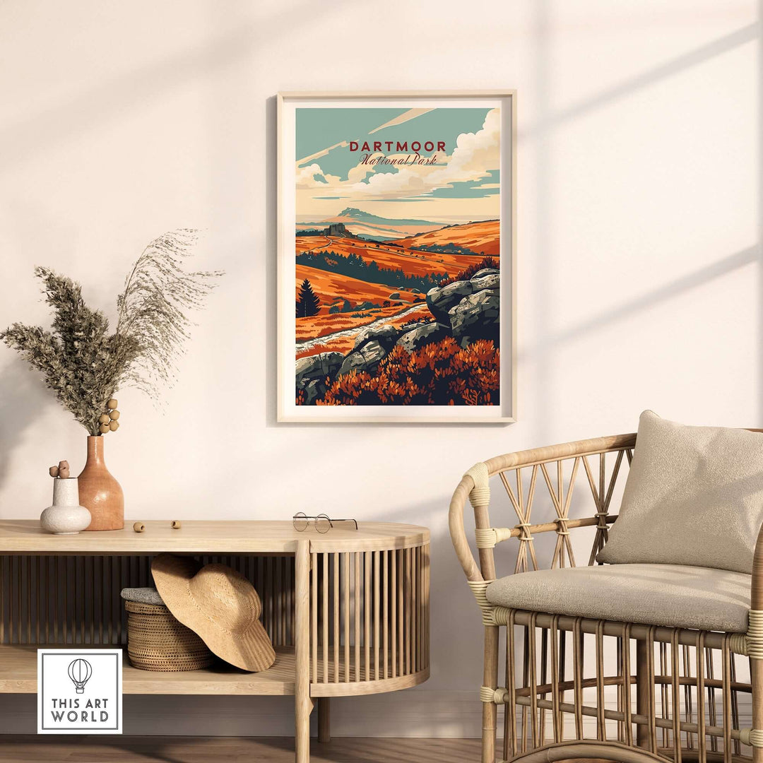 Dartmoor National Park poster displayed in a stylish room, featuring vibrant landscapes and vintage design elements.