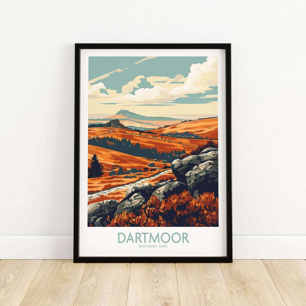 Dartmoor National Park poster showcasing stunning landscapes and vibrant colors, perfect for home or office decor.