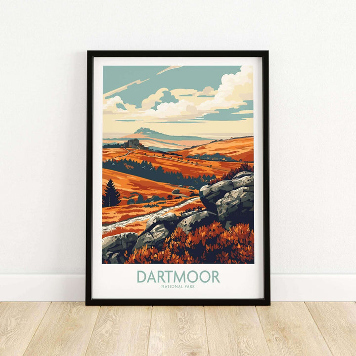 Dartmoor National Park poster showcasing stunning landscapes and vibrant colors, perfect for home or office decor.