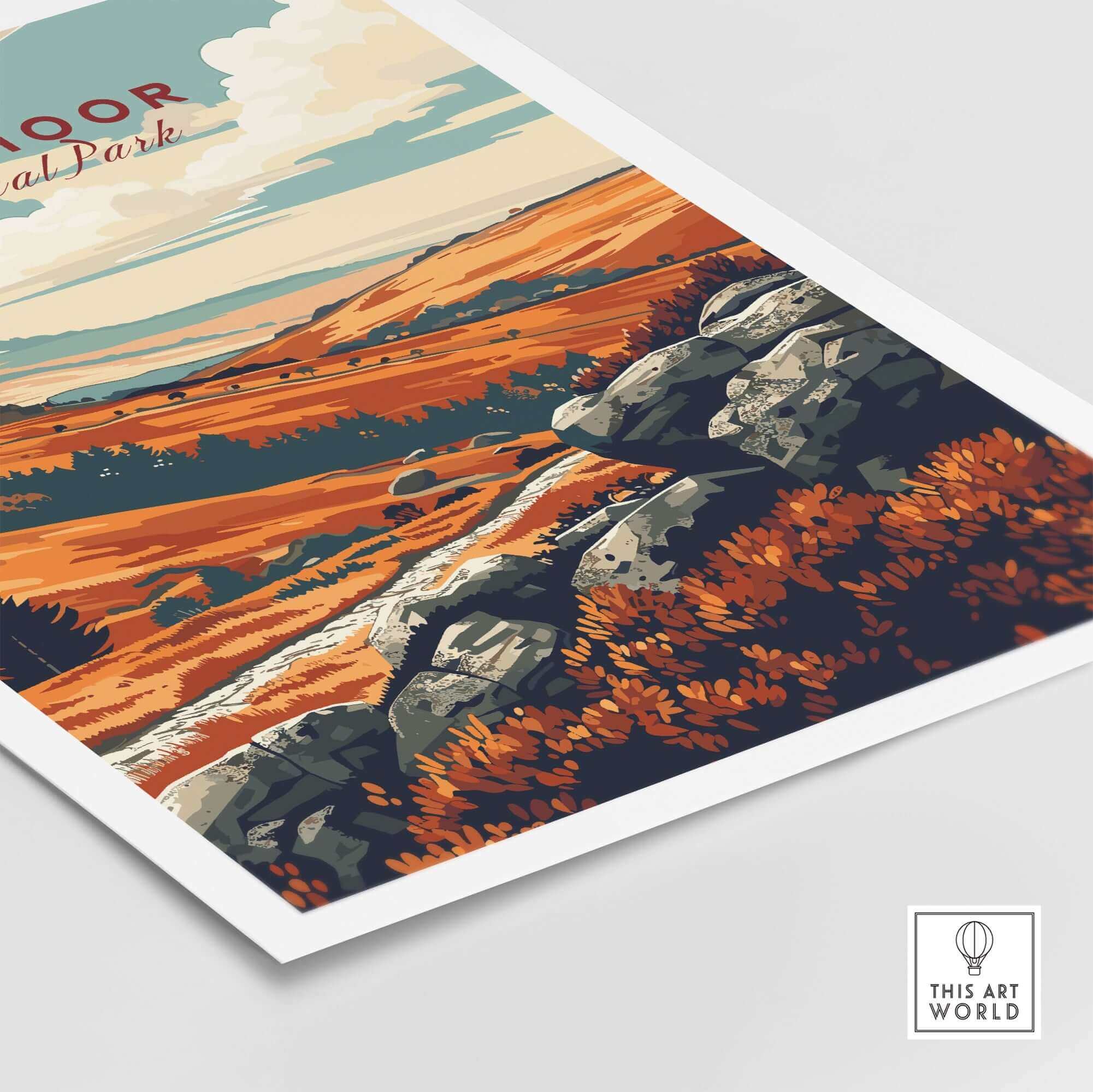 Dartmoor Art Print showcasing a beautiful landscape of Dartmoor National Park with vibrant colors and dramatic scenery.
