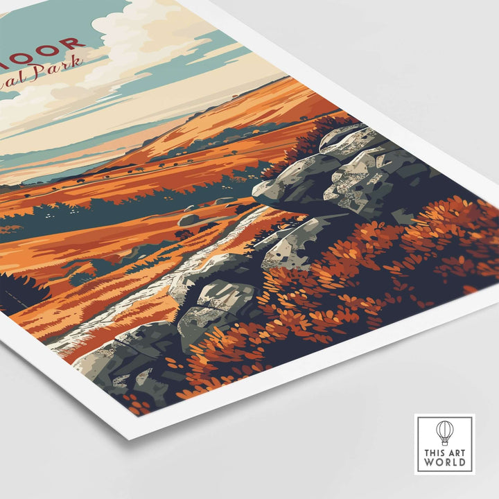 Dartmoor National Park poster featuring vibrant landscapes and rocky outcrops in warm autumn colors.