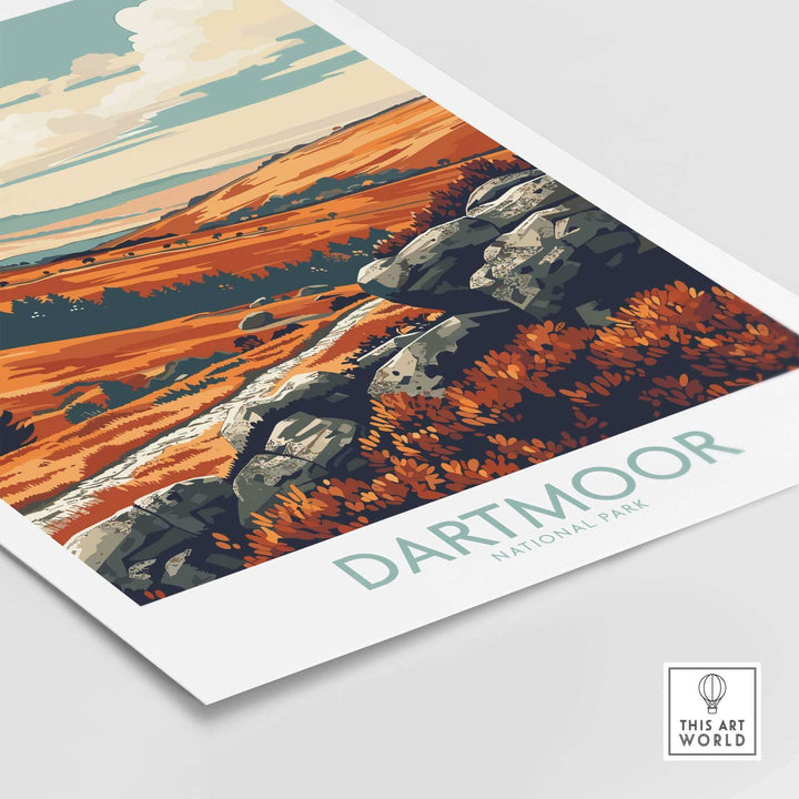 Dartmoor National Park poster featuring vibrant landscapes and rocky outcrops in warm autumn colors.