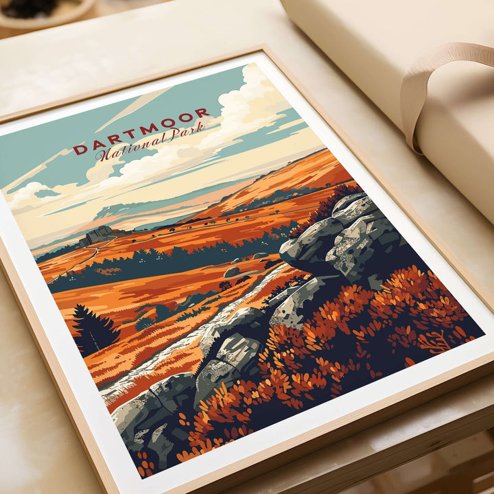 Dartmoor National Park poster showcasing vibrant landscape art with rocks and autumn foliage in warm colors.