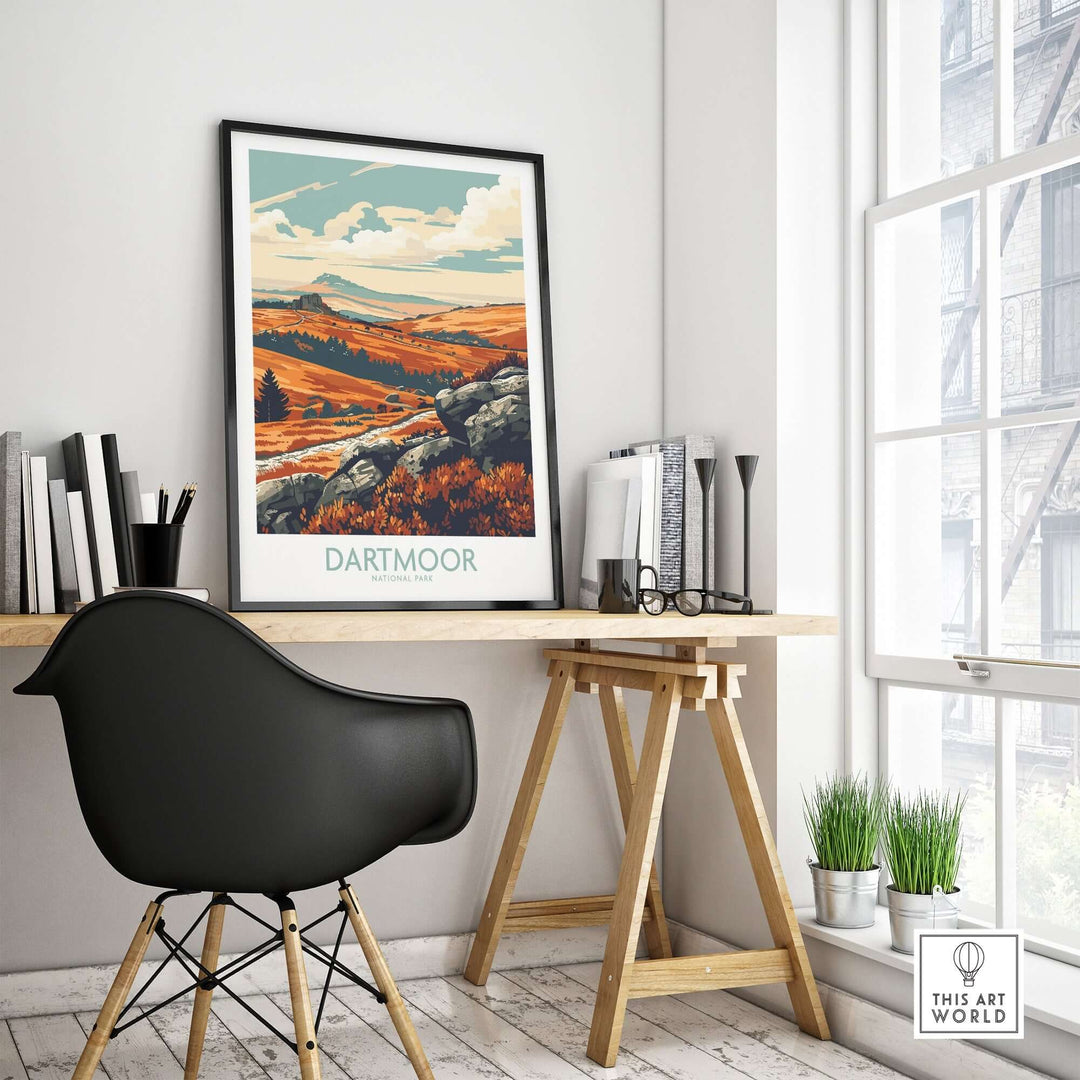 Dartmoor National Park poster displayed in a stylish home office setting with modern furniture and natural light.