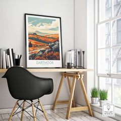 Dartmoor Poster National Park displayed in a stylish workspace, showcasing stunning landscape art.