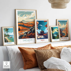 Dartmoor Poster National Park displayed among various framed travel posters in a stylish living room setting.