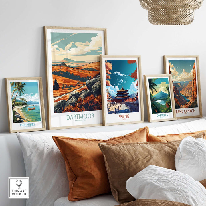 Stunning Dartmoor poster among travel art prints featuring landscapes from the Philippines, Beijing, Costa Rica, and the Grand Canyon.