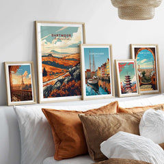 Dartmoor Art Print displayed among other city art prints in a cozy living room setting with stylish decor.