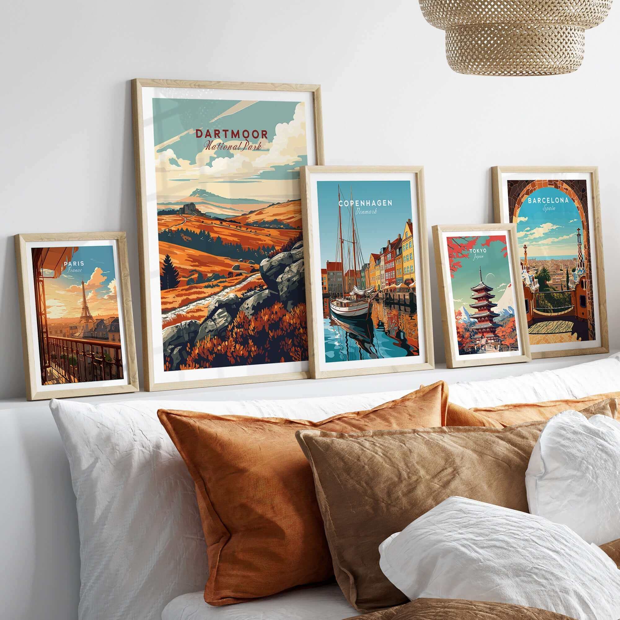 Dartmoor Art Print displayed among other city art prints in a cozy living room setting with stylish decor.