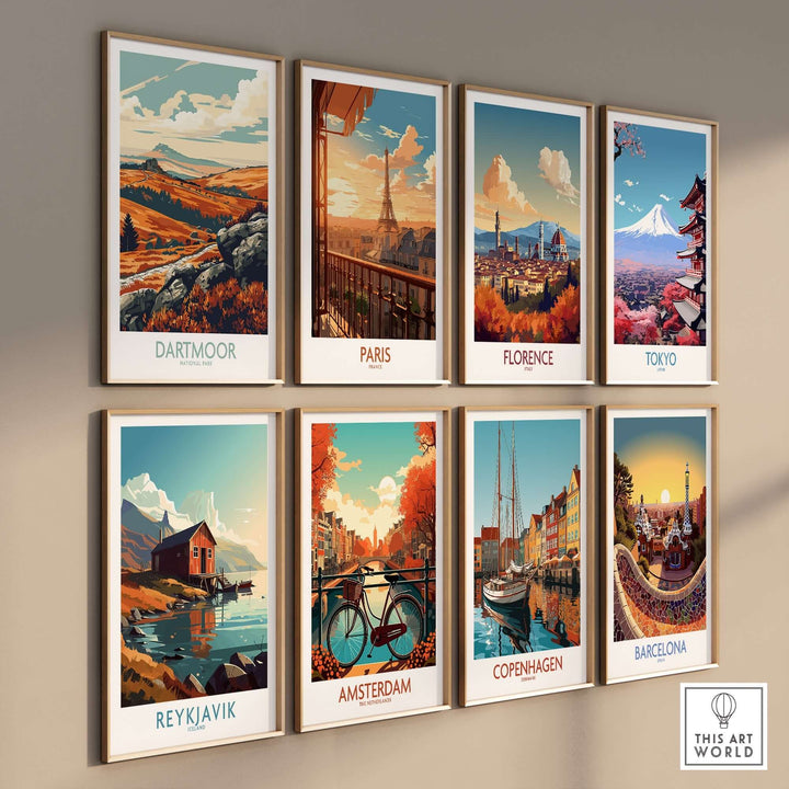 Colorful travel posters featuring Dartmoor, Paris, Florence, Tokyo, Reykjavik, Amsterdam, Copenhagen, and Barcelona.