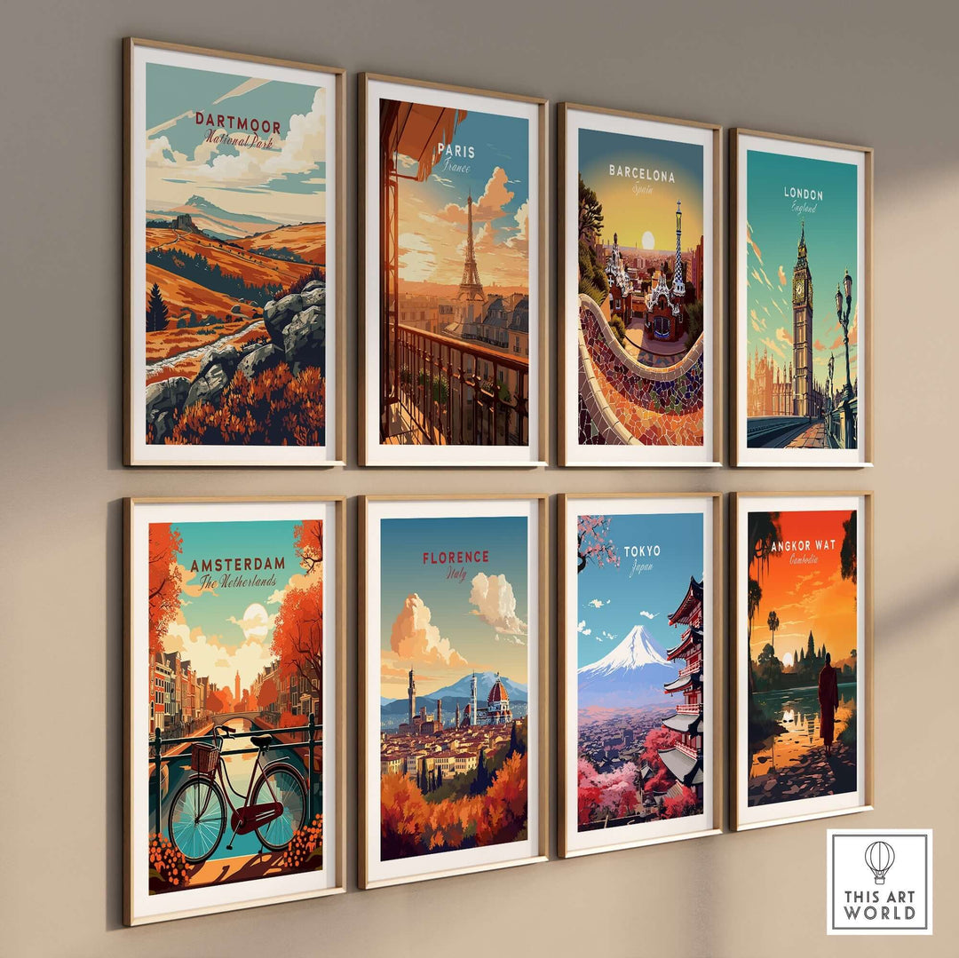 Colorful travel posters featuring Dartmoor and other global landmarks on a gallery wall display.