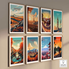 Dartmoor Art Print showcased among various city art prints on a stylish wall arrangement.