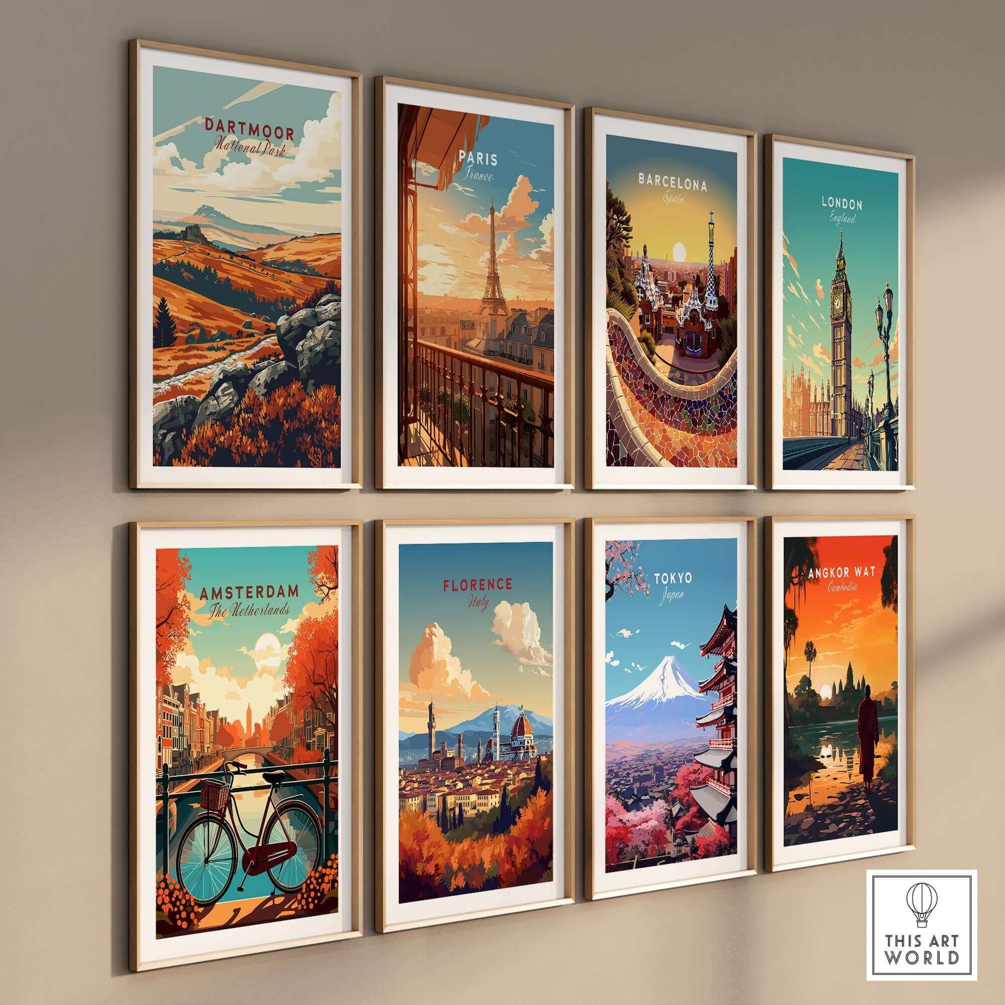 Dartmoor Art Print showcased among various city art prints on a stylish wall arrangement.
