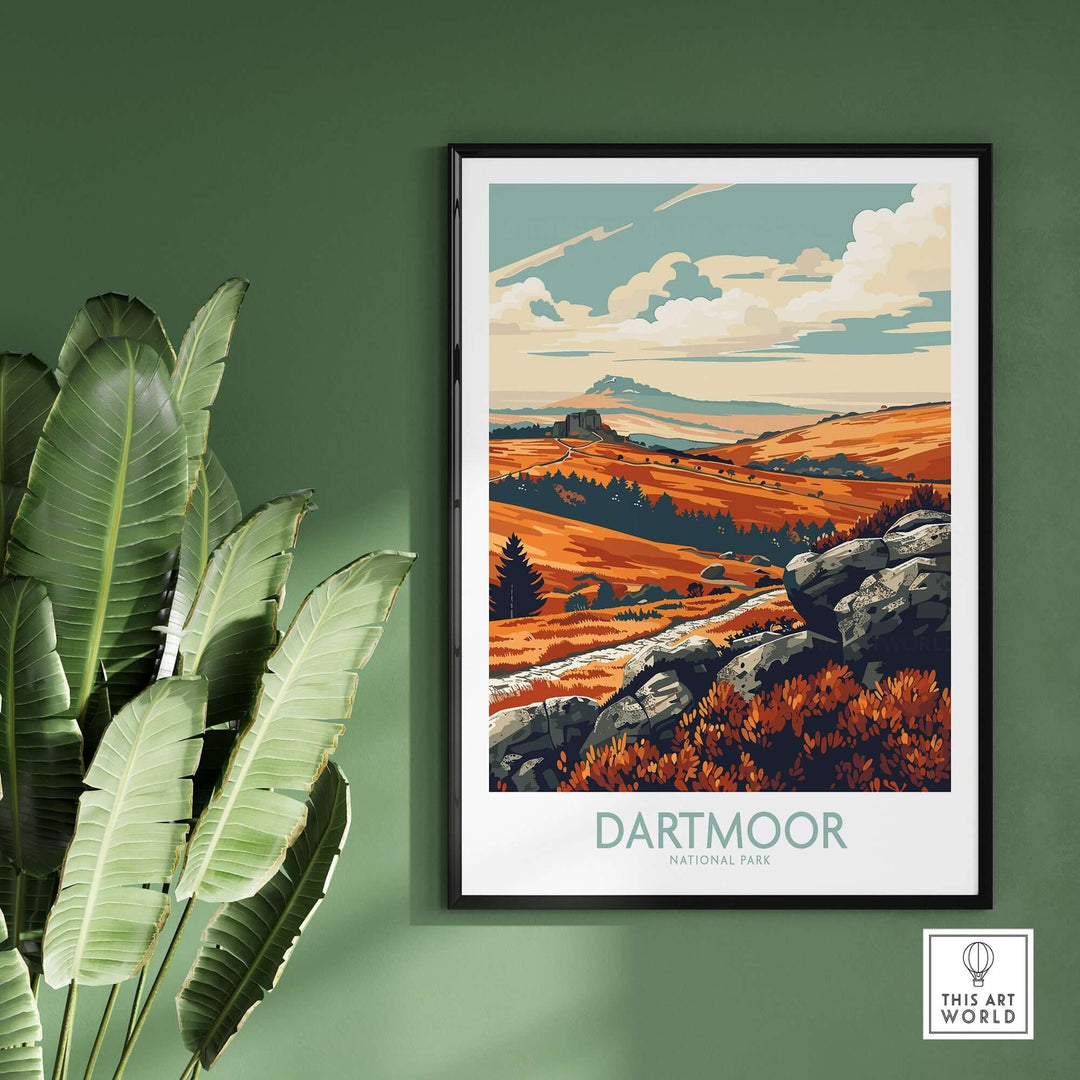 Dartmoor National Park poster featuring vibrant landscapes and rocky terrain, ideal for home or office decor.