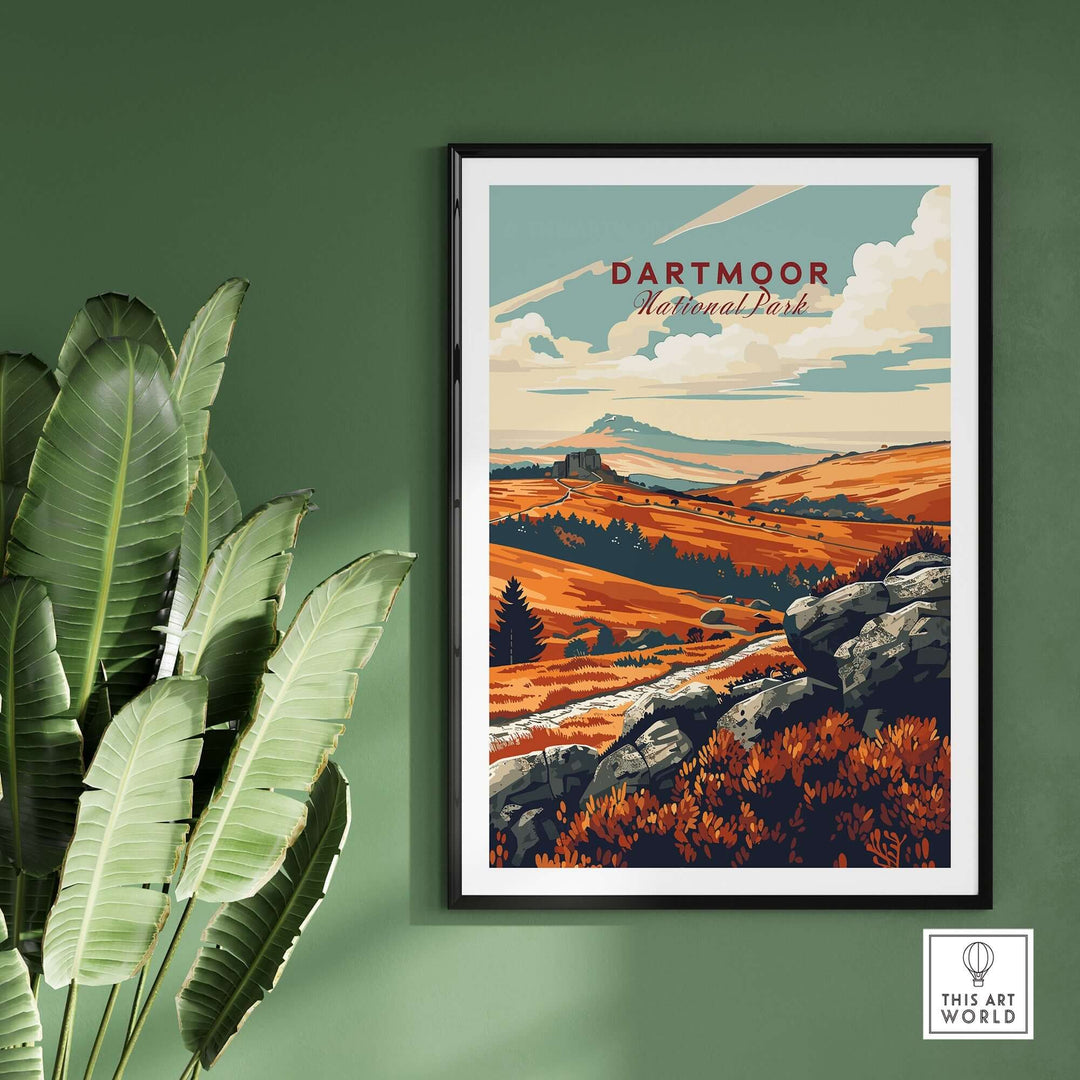 Dartmoor National Park poster featuring colorful landscapes and rocky terrain, framed and displayed in a modern interior.