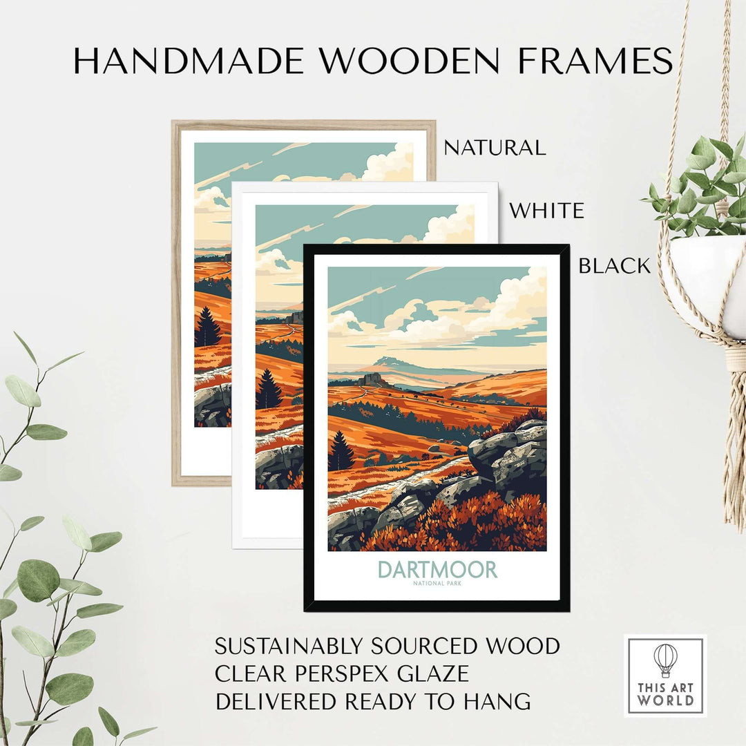 Handmade wooden frames for Dartmoor poster in natural, white, and black finishes, showcasing sustainable materials and ready to hang.