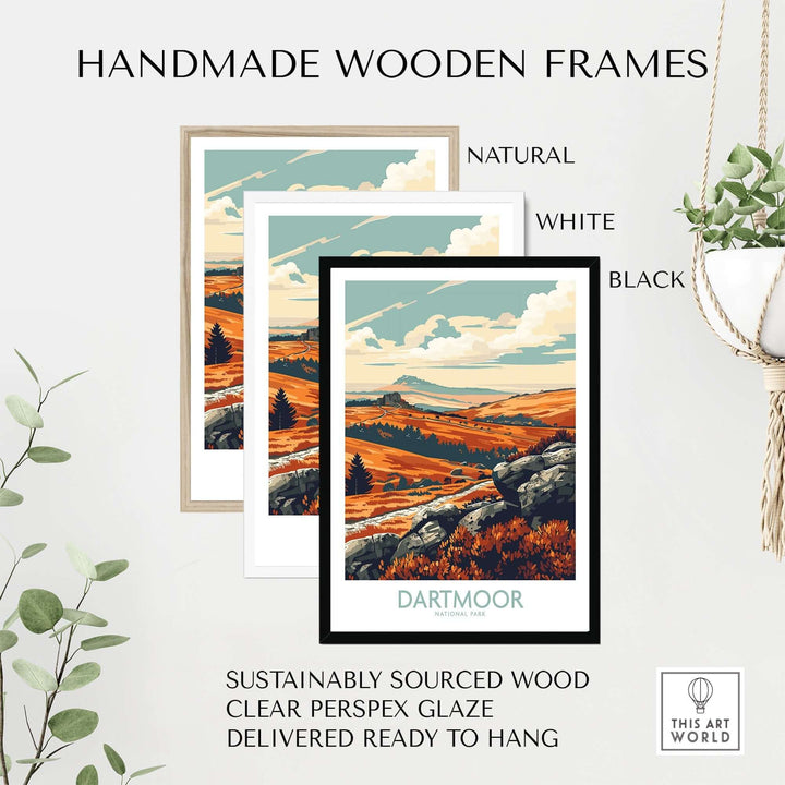 Handmade wooden frames for Dartmoor poster in natural, white, and black finishes, showcasing sustainable materials and ready to hang.