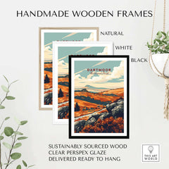 Dartmoor Art Print displayed in handmade wooden frames in natural, white, and black finishes.