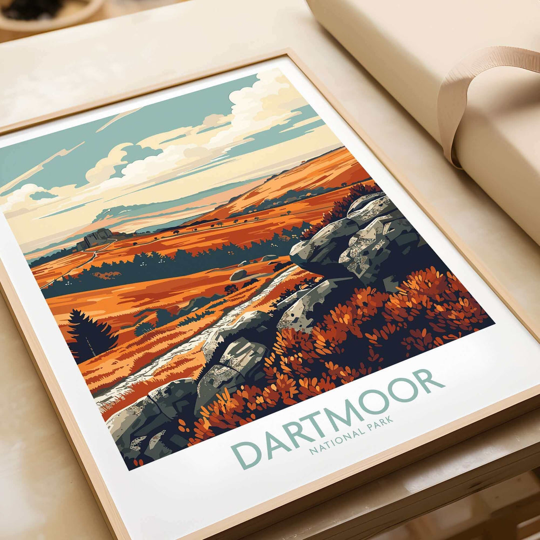 Dartmoor National Park poster showcasing stunning landscapes and rich colors in a framed design. Perfect for nature lovers.