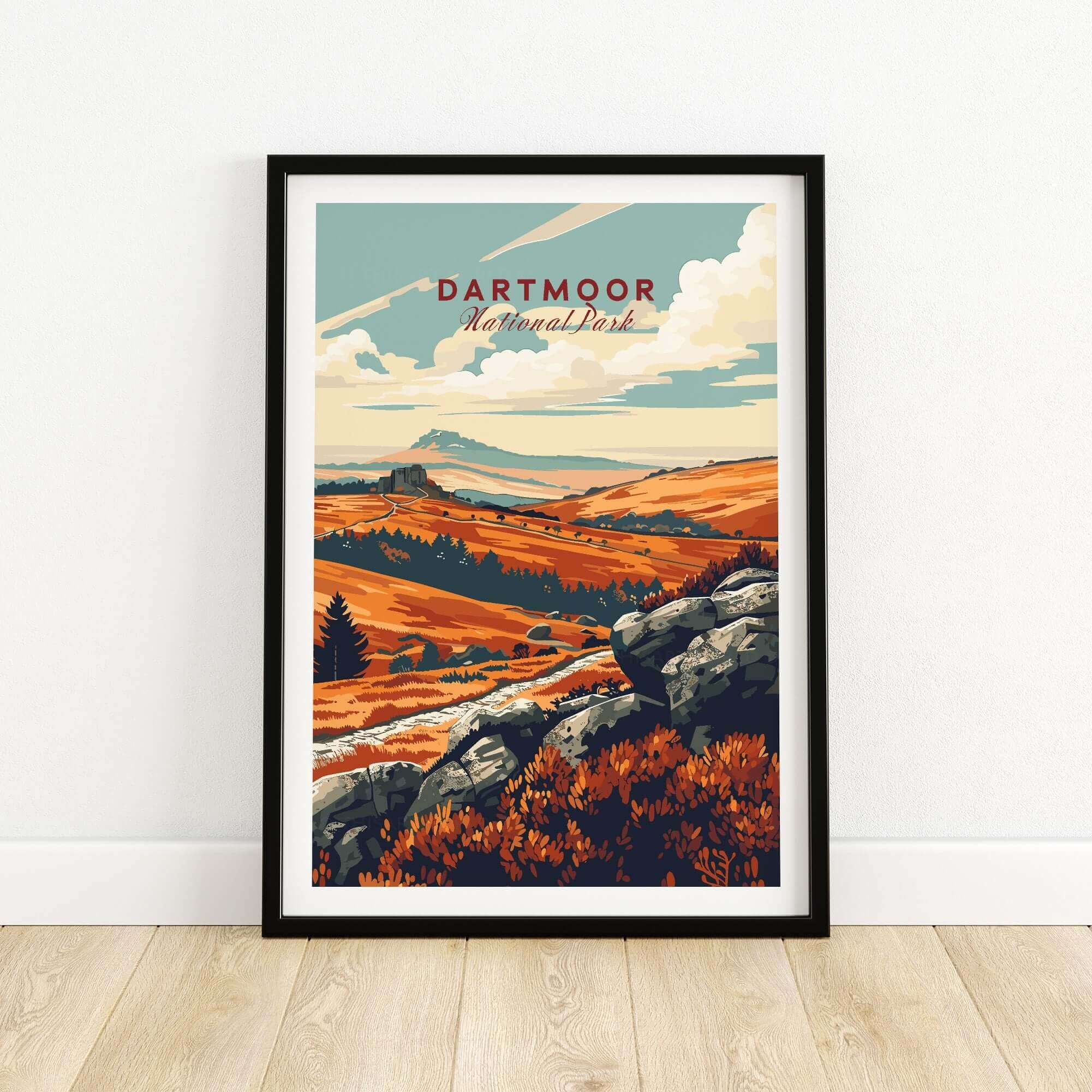 Dartmoor Art Print featuring a vibrant landscape of Dartmoor National Park in a stylish frame.
