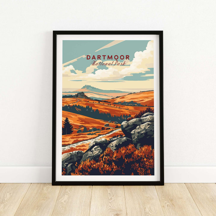 Dartmoor National Park poster showcasing scenic landscapes and vibrant colors, perfect for home decor.