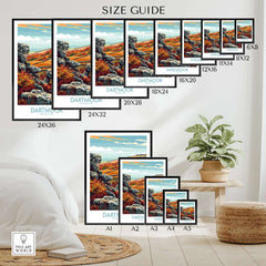 Size guide for various framed arts featuring Dartmoor Print National Park, showcasing dimensions and design options.