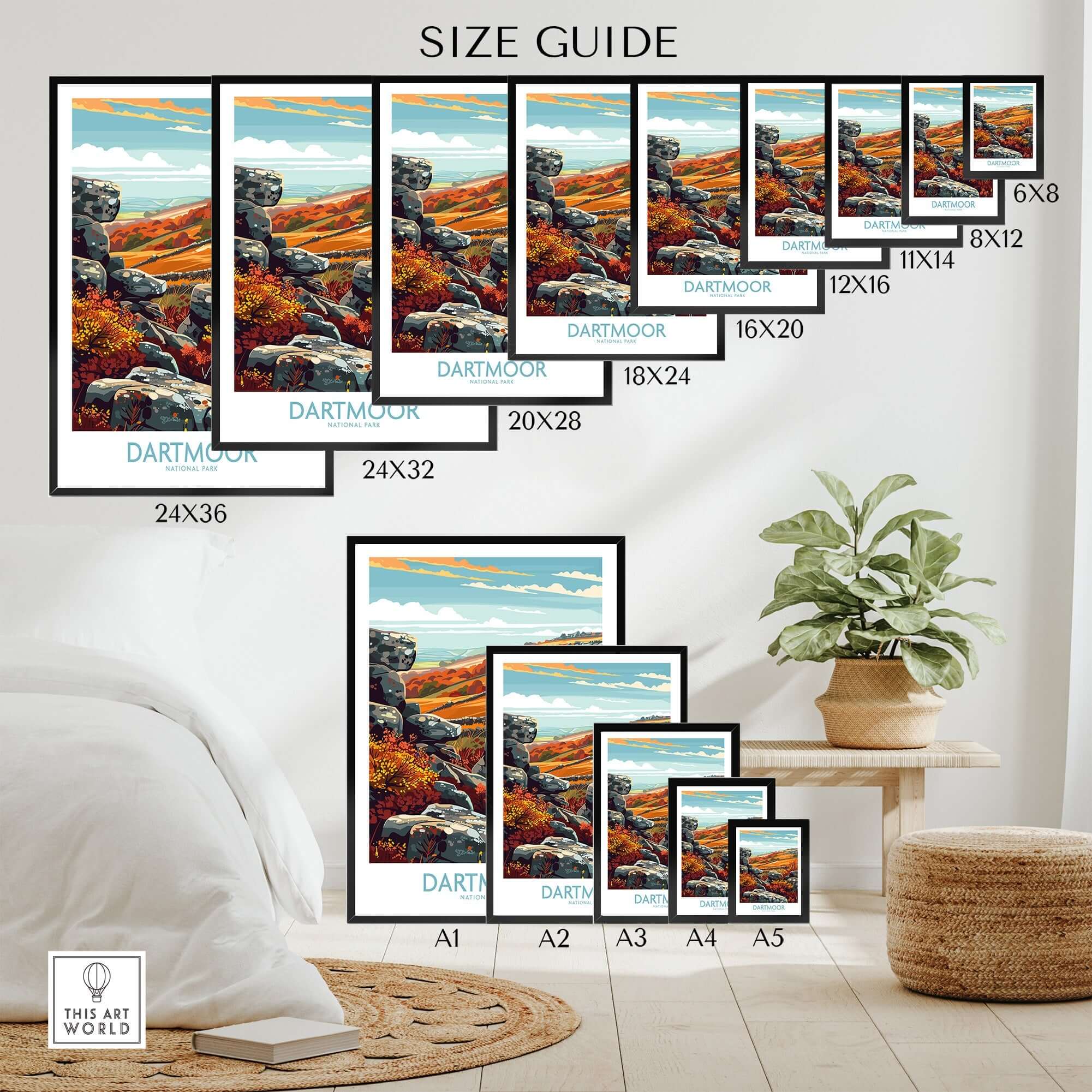Size guide for various framed arts featuring Dartmoor Print National Park, showcasing dimensions and design options.