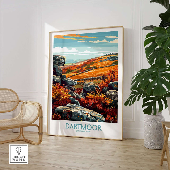 Dartmoor National Park print showcasing vibrant landscapes and rocky outcrops, perfect for nature lovers and home decor.