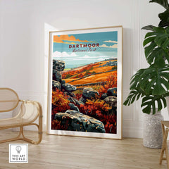 Dartmoor Poster National Park displayed in a modern interior setting showcasing artistic landscapes and vibrant colors.