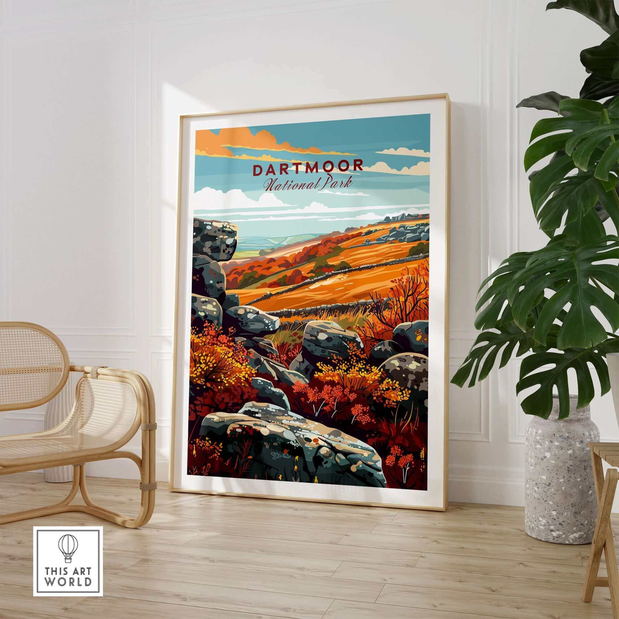 Dartmoor Poster National Park displayed in a modern interior setting showcasing artistic landscapes and vibrant colors.
