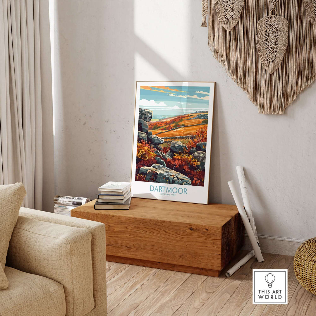 Dartmoor National Park print displayed in a stylish living room setting, showcasing vibrant autumn landscapes and natural beauty.