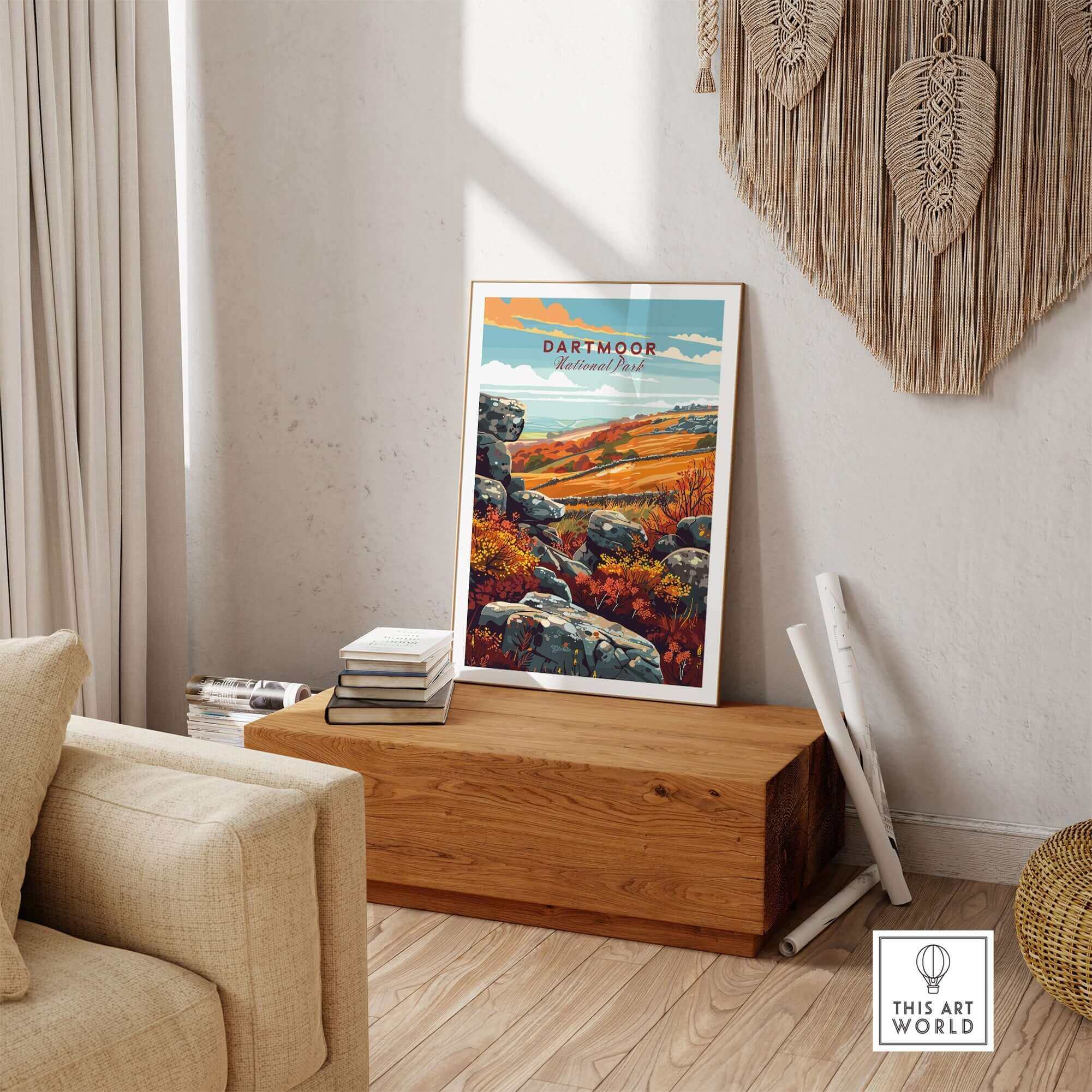 Dartmoor Poster National Park displayed in a cozy living room, showcasing beautiful landscapes and vibrant colors.