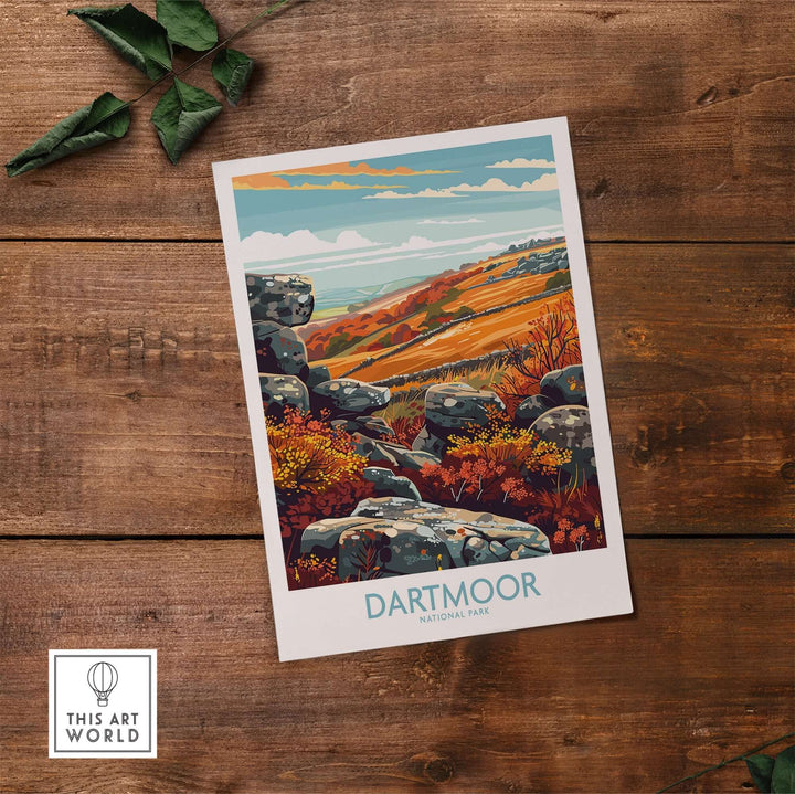 Dartmoor National Park art print featuring vibrant landscapes and rocky terrain, perfect for nature lovers and hikers.