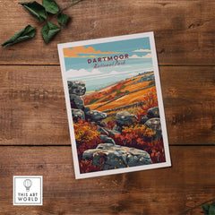 Dartmoor Poster National Park showcasing scenic landscapes and wildlife on a wooden background.