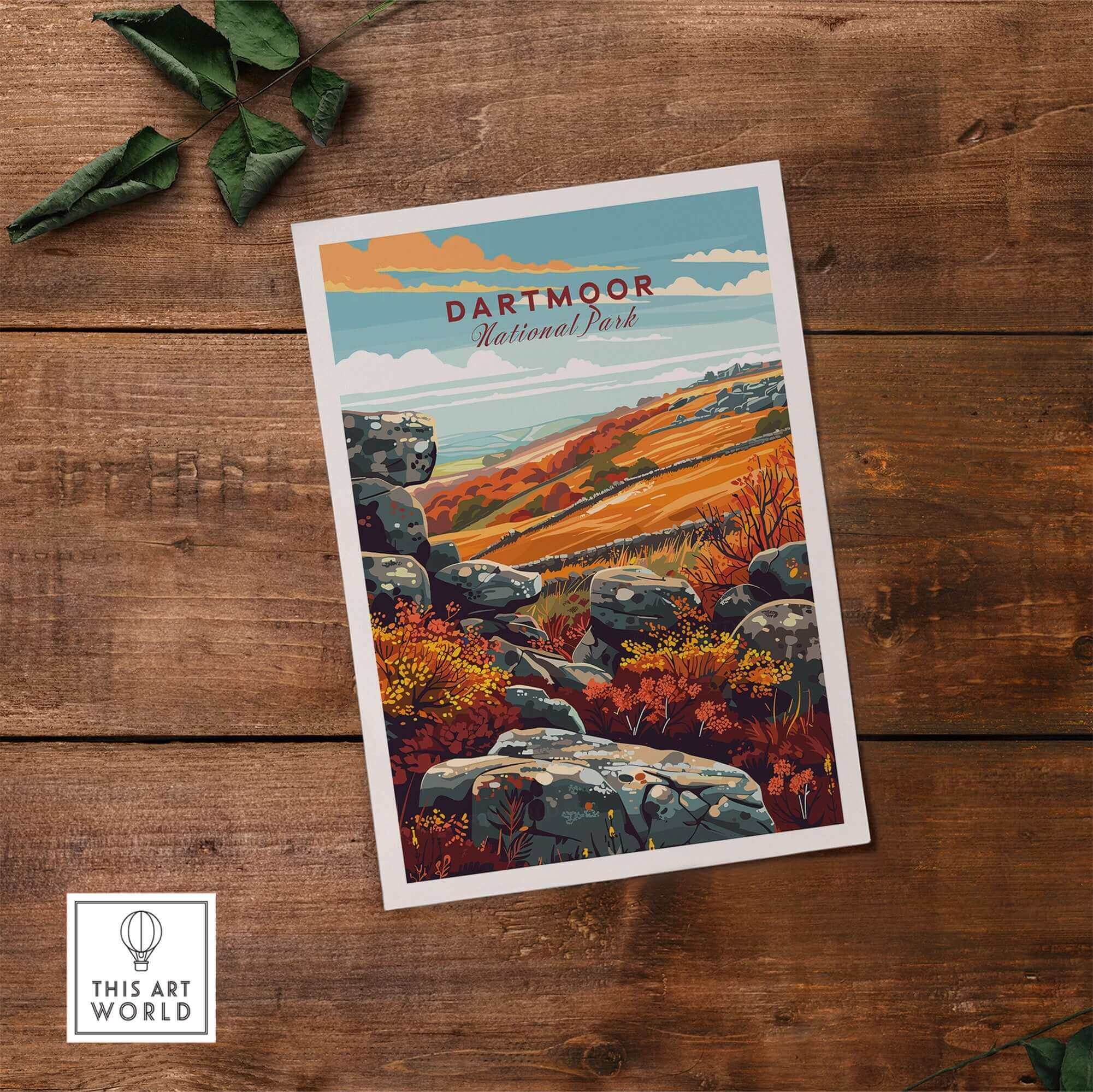 Dartmoor Poster National Park showcasing scenic landscapes and wildlife on a wooden background.