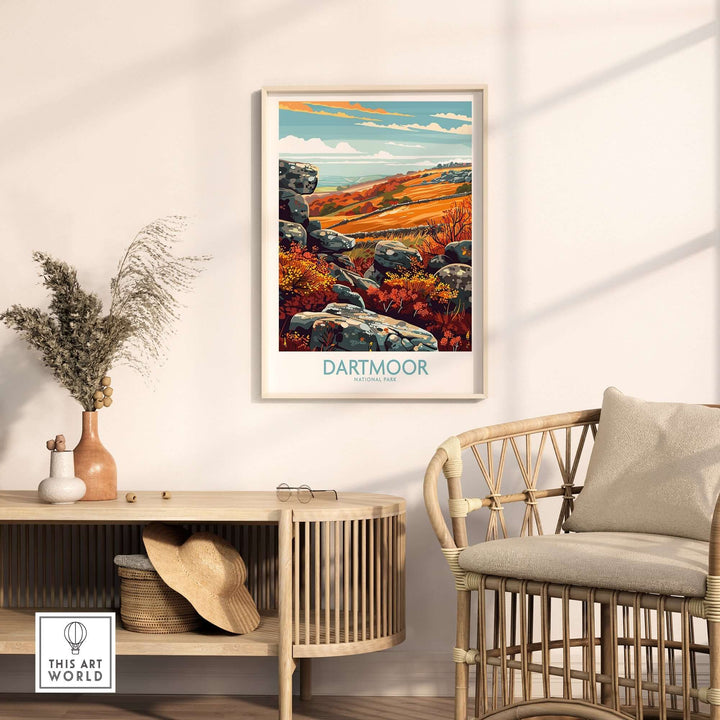 Dartmoor National Park print displayed in a stylish living room, featuring vibrant landscapes and nature-inspired decor.