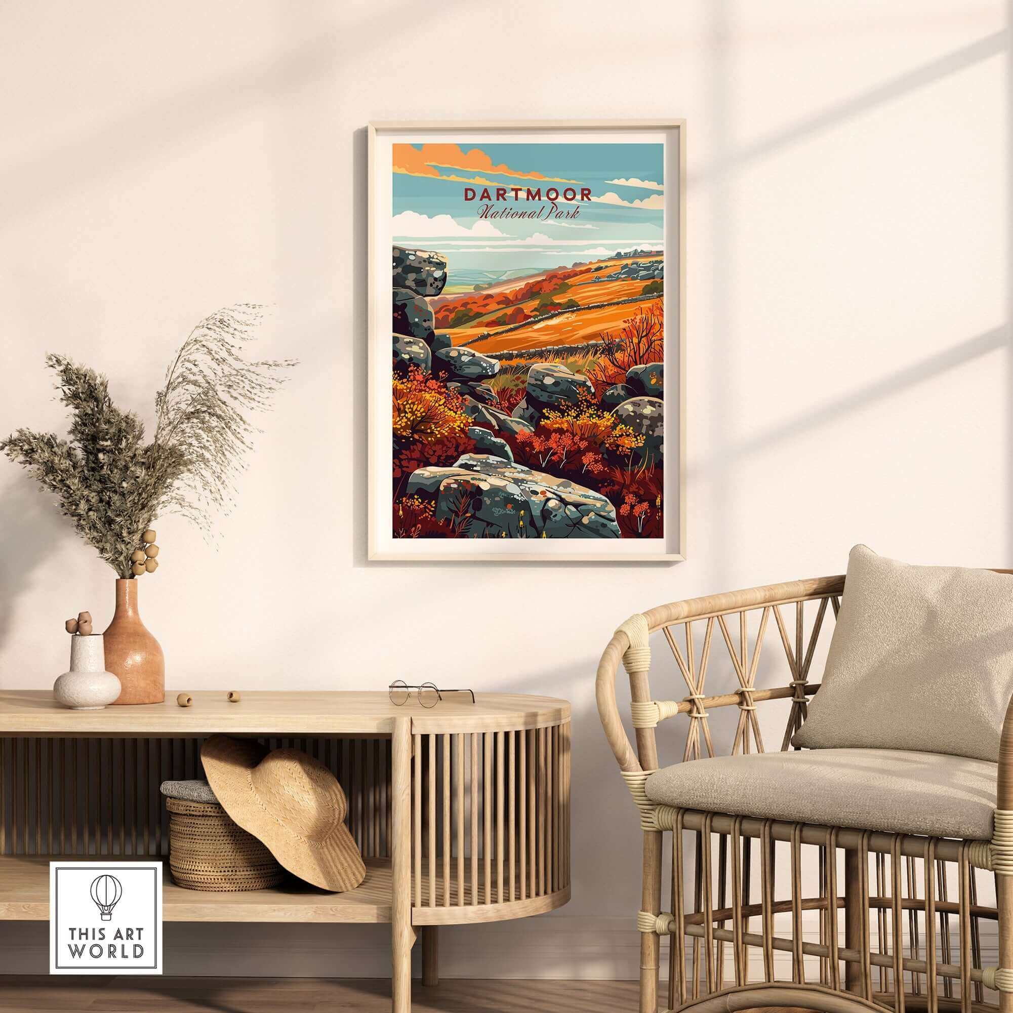 Dartmoor Poster National Park displayed in a stylish interior, showcasing the scenic landscapes of Dartmoor.