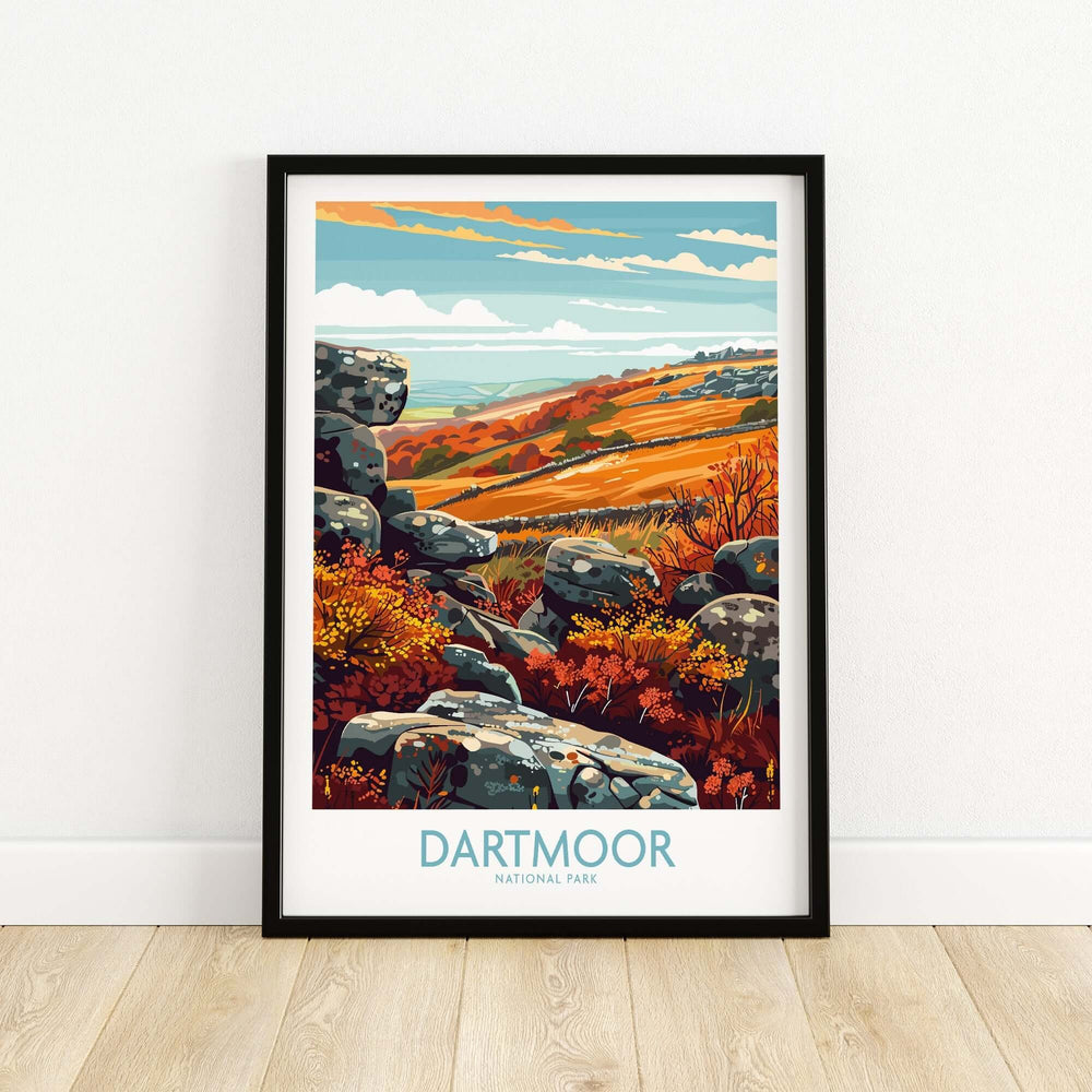 Framed Dartmoor National Park print showcasing autumn colors and scenic landscape, perfect for nature lovers.