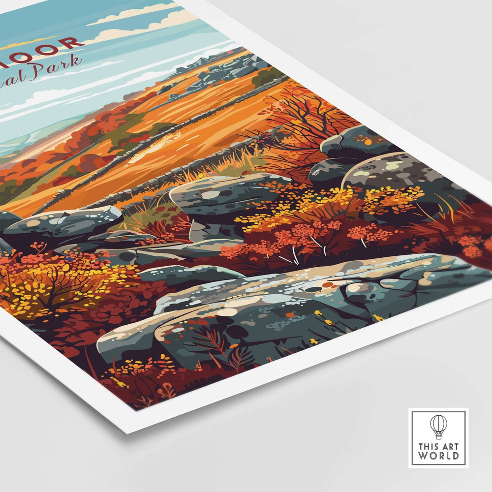 Dartmoor National Park print showcasing vibrant landscapes and autumn foliage with rocky outcrops in the foreground.