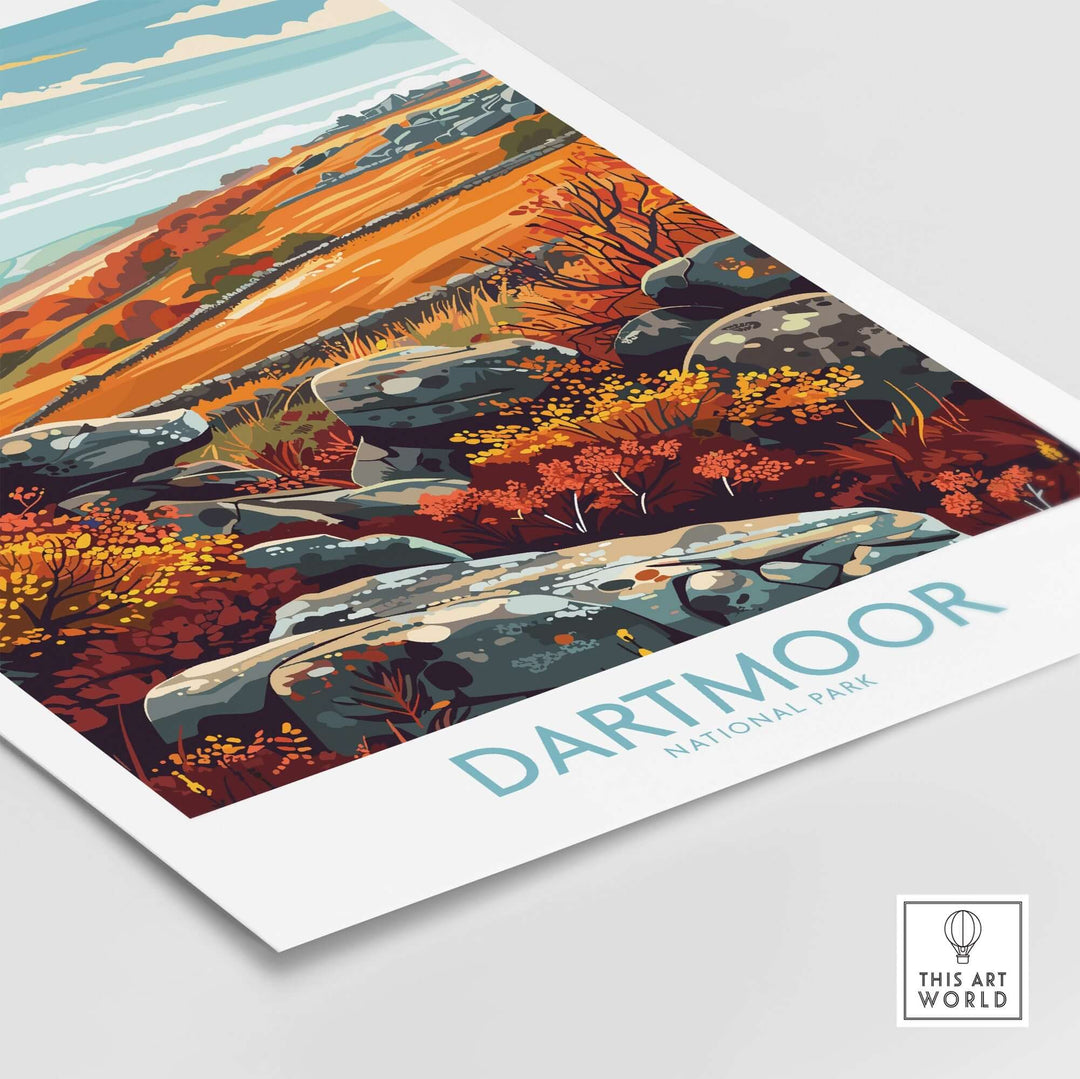 Colorful Dartmoor National Park print featuring scenic landscapes and vibrant autumn foliage. Perfect for nature lovers.