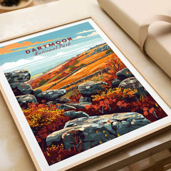 Dartmoor Poster National Park showcasing scenic landscapes and wildlife in vibrant colors, perfect for nature lovers.